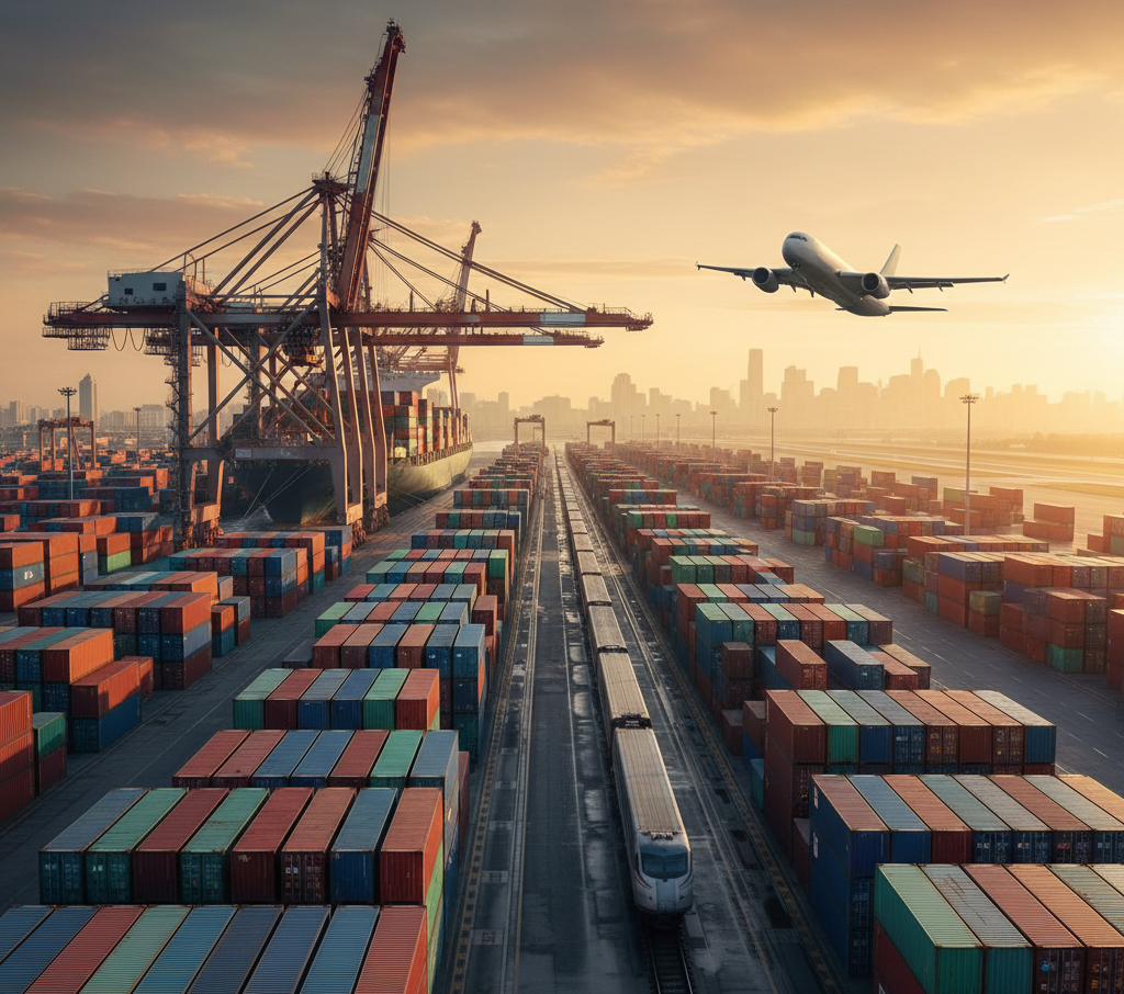 Transport multimodalny i logistyka kontenerowa Widok na terminal logistyczny z kolorowymi kontenerami, pociągiem towarowym oraz startującym samolotem na tle panoramy miasta o zachodzie słońca.