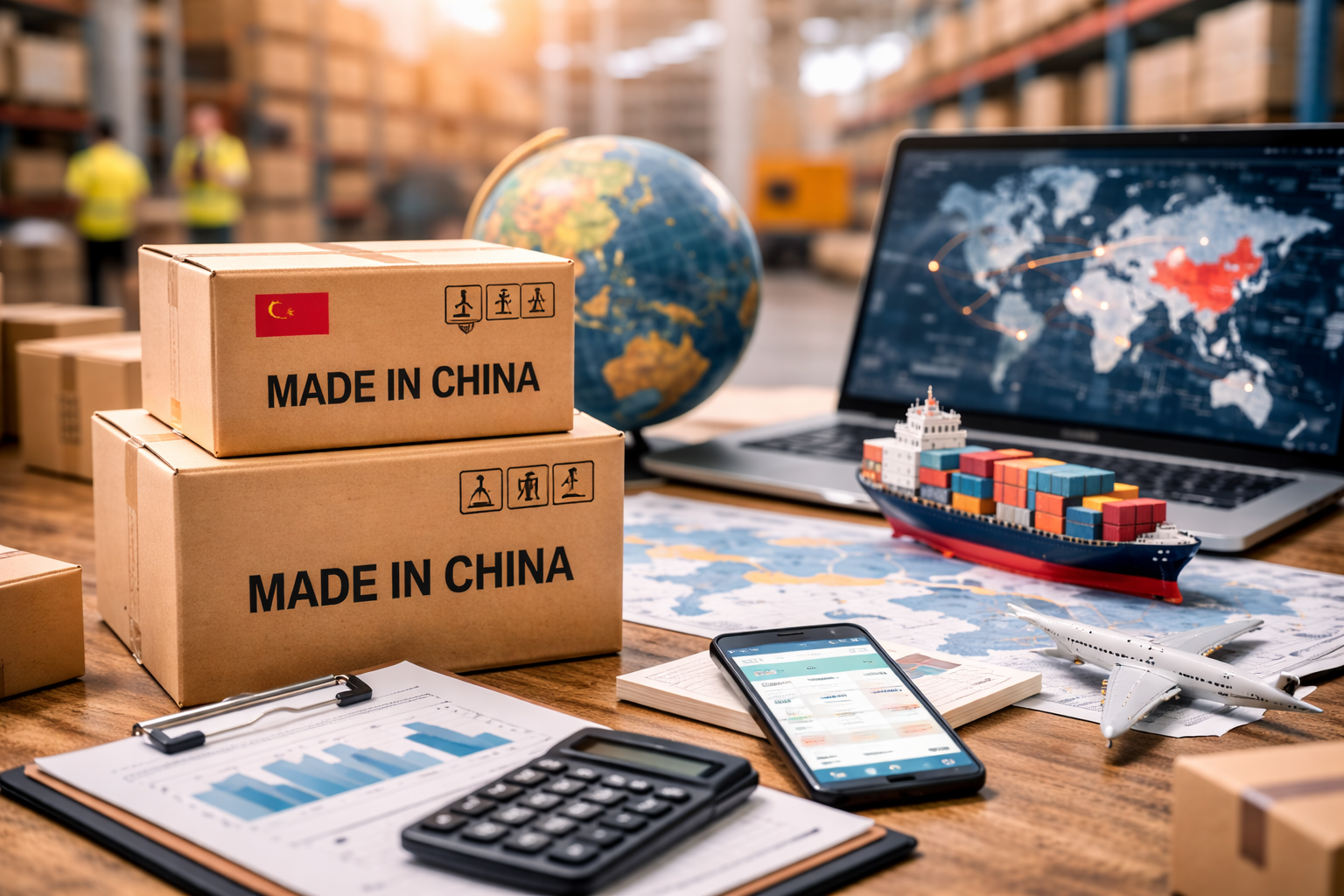 Kartony z napisem Made in China, laptop z mapą świata oraz modele statku i samolotu symbolizujące import towarów i globalną logistykę e-commerce